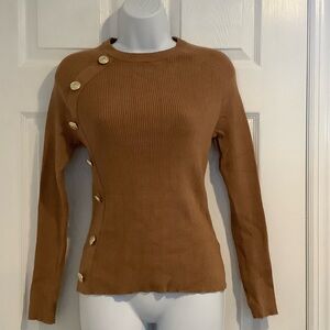 BEBE Caramel Ribbed Crewneck Sweater With Gold Buttons size Large